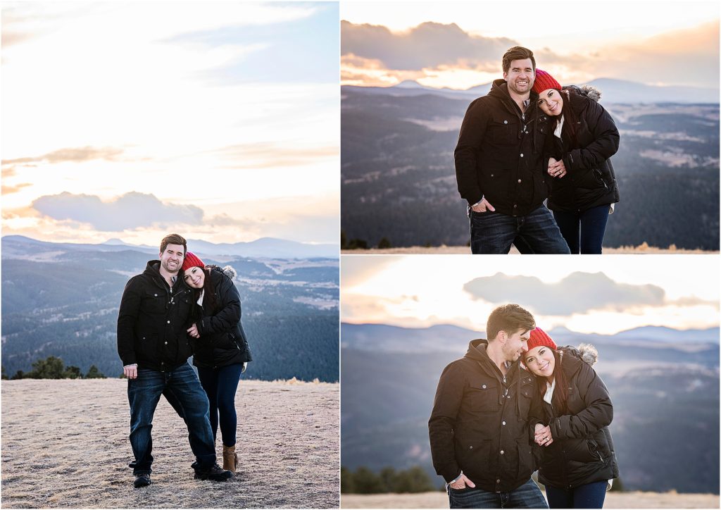 Engaged couple in winter on a mountaintop near woodland park for their engagement photo session.