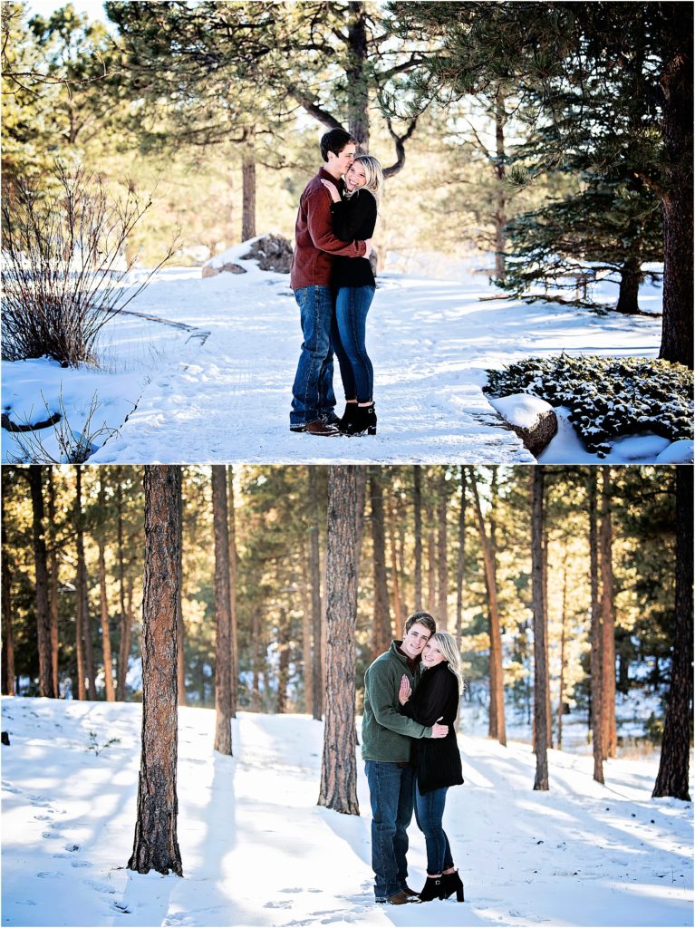 Ben and MacKenna embrace in a forest in winter.