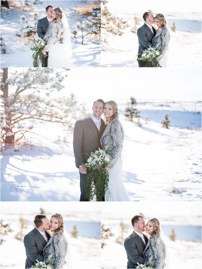 couple in snow during their winter wedding in colorado at flying horse ranch in larkspur.