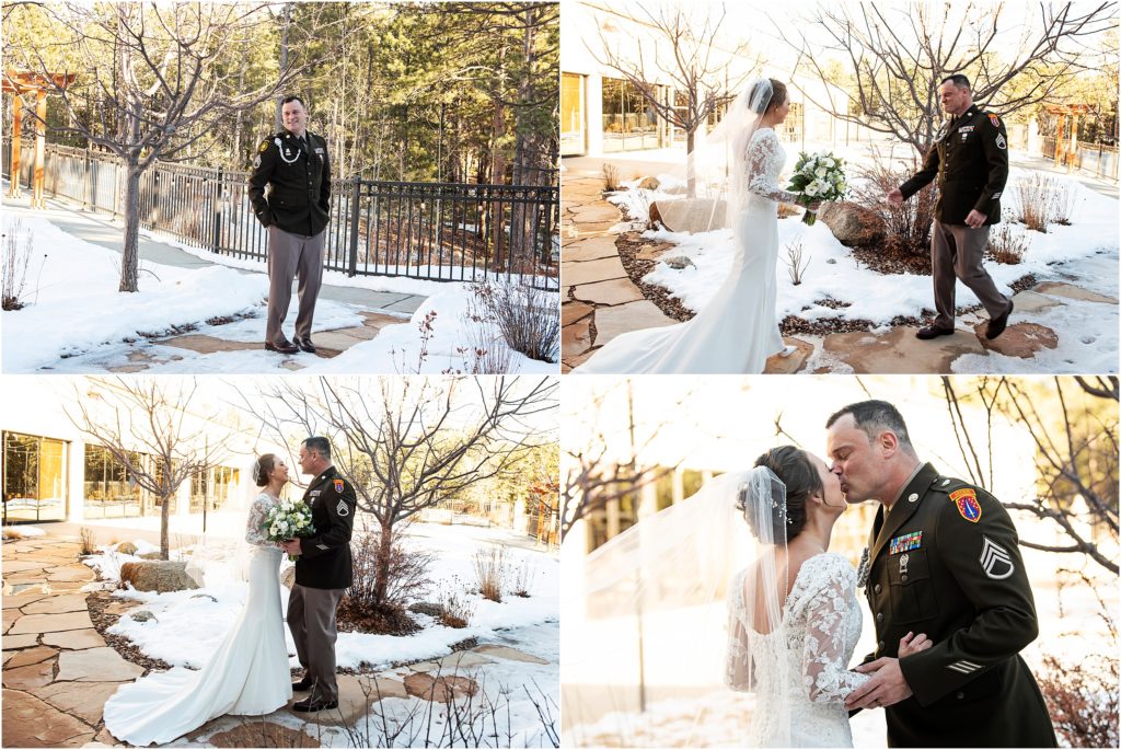Bride and military groom have a first look outside of Wedgewood Black Forest wedding venue in winter