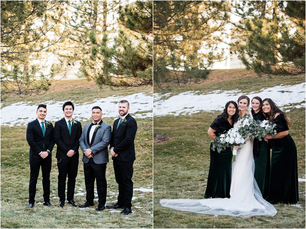 Bridal party in winter with snow on the ground.