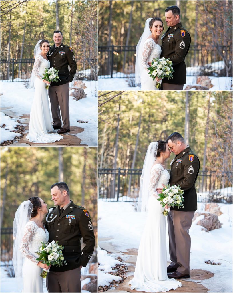 Bride and groom stand embracing with snow all around at their winter wedding