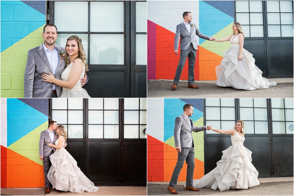 Bride and groom dance and embrace and laugh during their wedding portraits