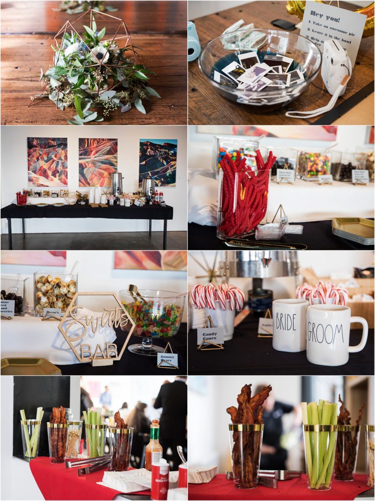 Brunch wedding inspiration, details from the hot chocolate bar, Bloody Mary bar, and candy bar