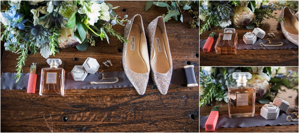 Brides details laid out on hard wood with grey silk ribbon, sparkly flats, florals, and wedding jewelry