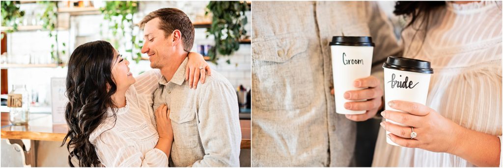 Couple who loves coffee takes engagement photos at a local coffee shop in Fort Collins, Colorado