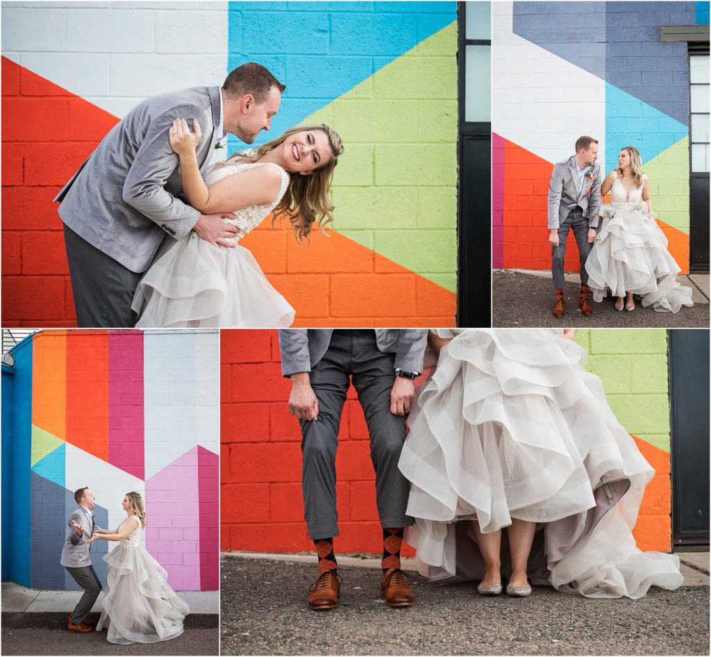 Playful couple take funny photos during their wedding day