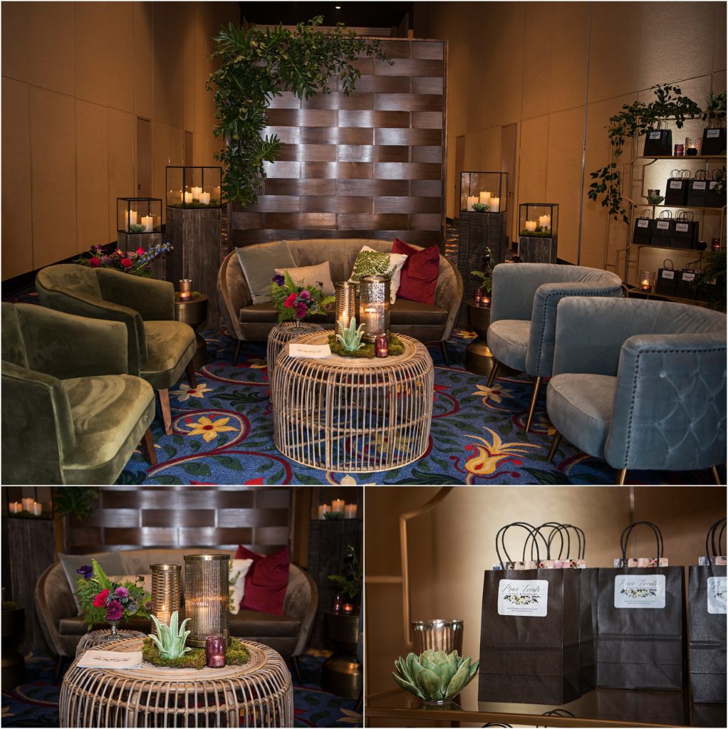 Stunning vendor display of couch and cozy chairs with bamboo backdrop at Something New Bridal Show 2021