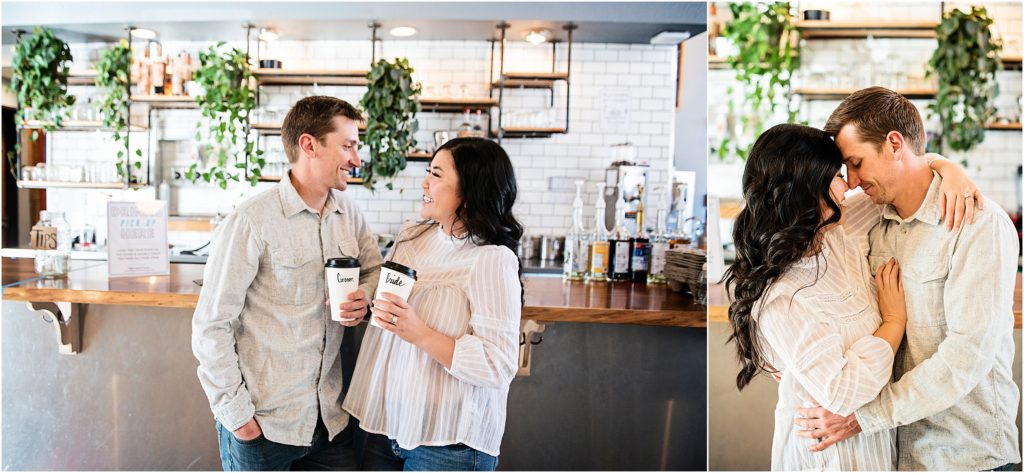 Couple shares a romantic moment in a cozy coffee shop with fantastic natural light