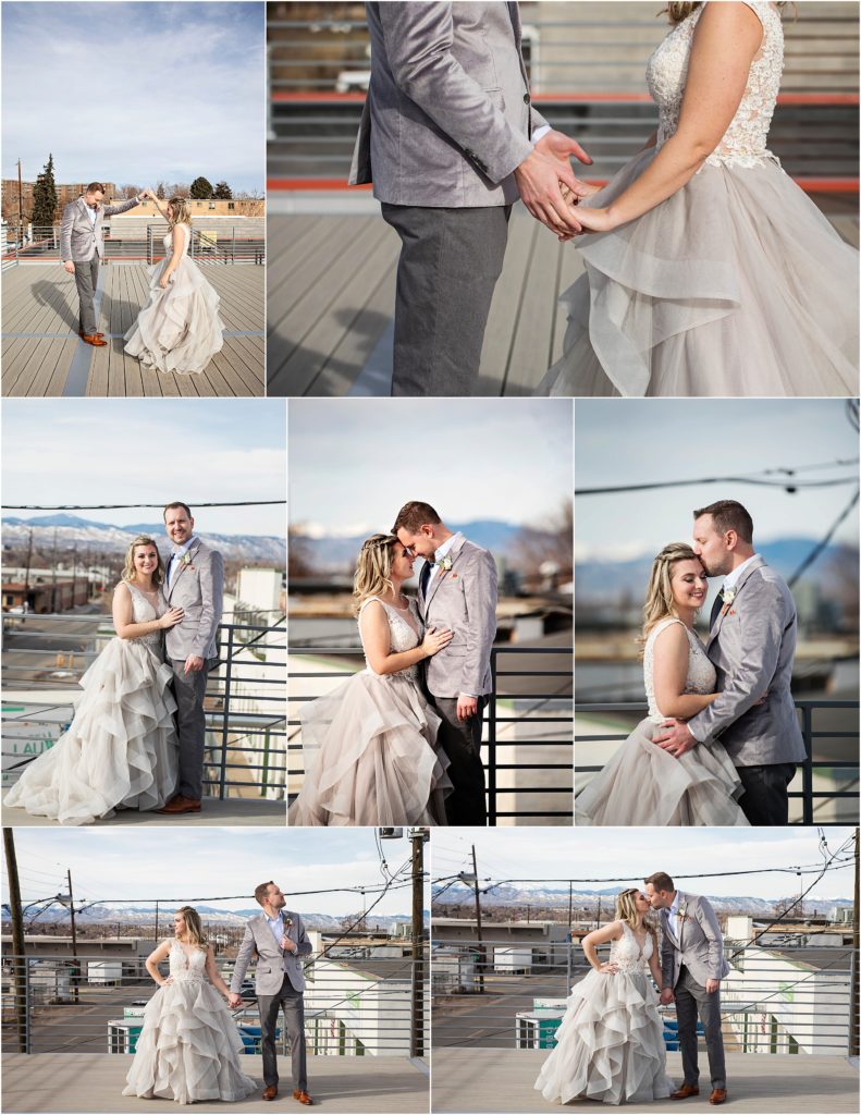 Bride and groom have an emotional first look on the rooftop of the Space Annex art gallery in Denver Colorado