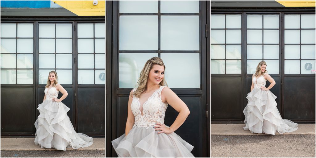 Bride wears dusty grey dress at her urban wedding in Denver