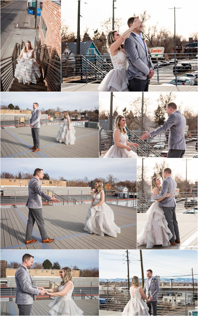 Urban couple has a first look on their wedding day on the roof of the Space Annex in Denver Colorado