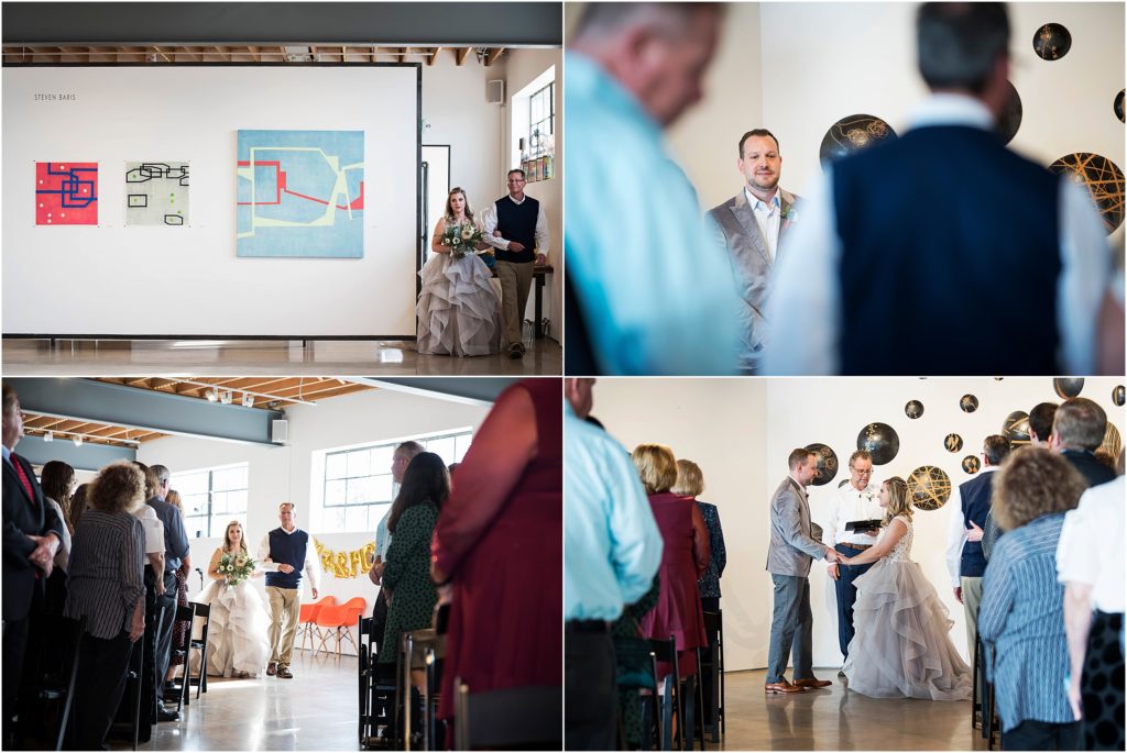 Bride walks down the aisle to groom at their urban art gallery wedding