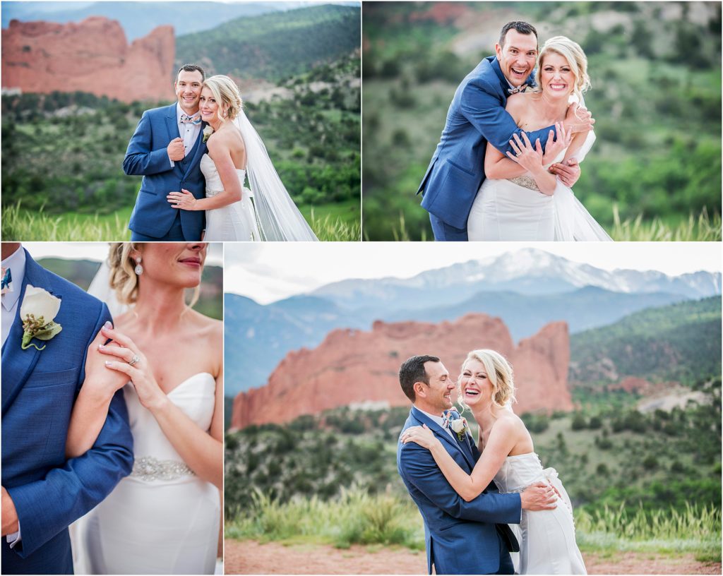 Wedding couple poses and laughs together near Pikes Peak and Garden of the Gods for their late spring Colorado wedding