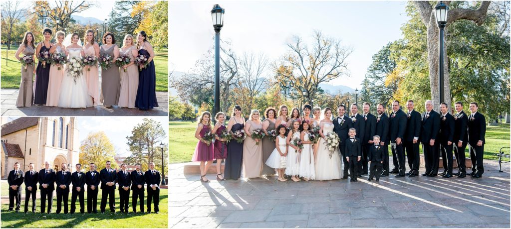 A bridal party poses in classic black tuxes and trendy multi-colored dresses at Colorado College on a bright fall day