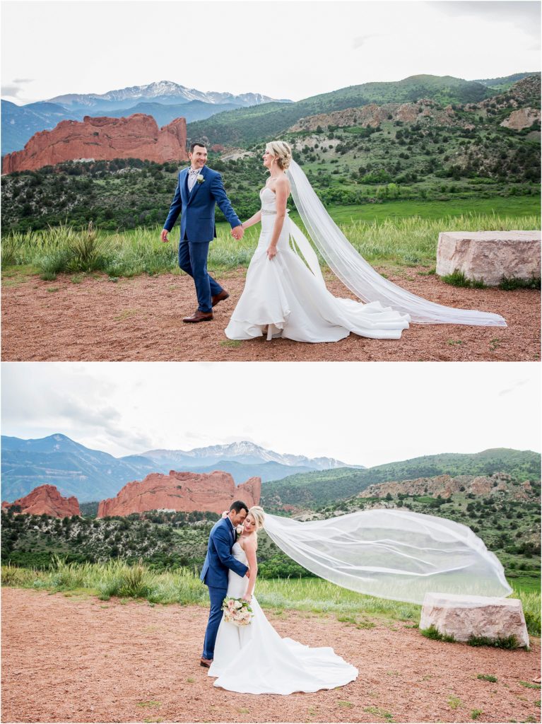 Colorado wedding photographer takes couple to stunning overlook with mountains behind