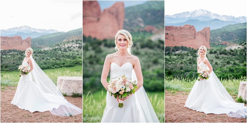 Bridal portraits at overlook with Garden of the Gods and Pikes Peak views