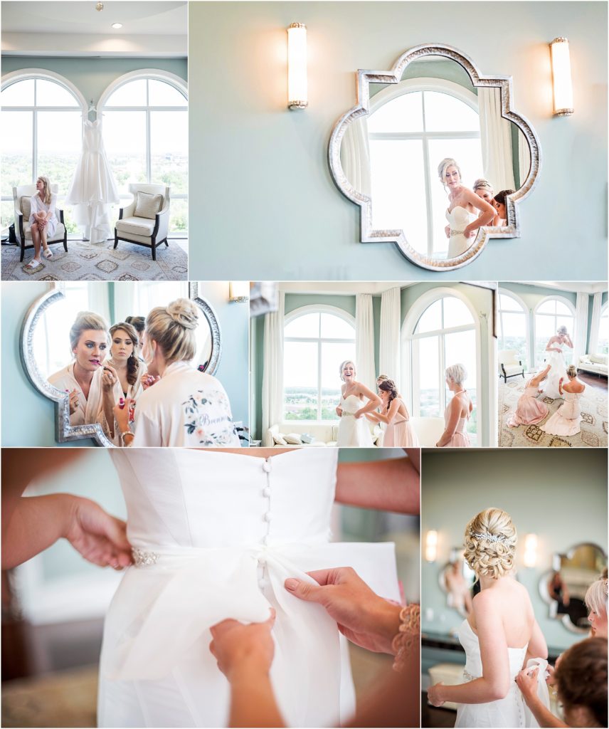 Light and airy wedding photography while the bride gets ready in the bridal suite with big windows in Colorado
