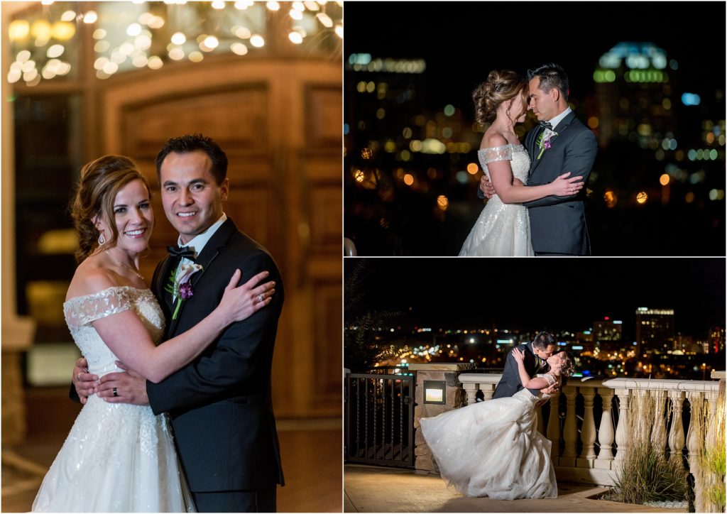 A bride and groom embrace, smile, and dip kiss at night in front of city lights on the wedding day at The Pinery at the Hill