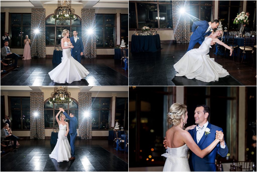 Bride and Groom share first dance with spotlights at their wedding reception at The Pinery
