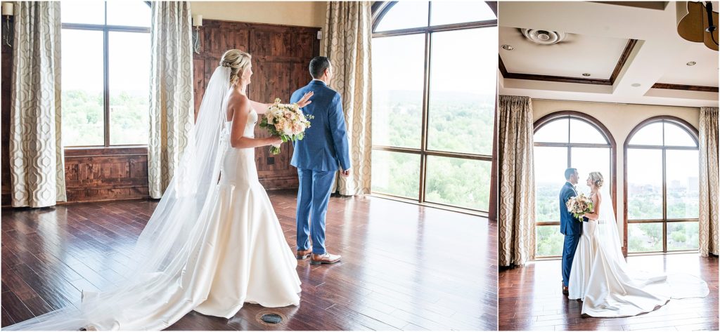 Bride and groom have a first look in front of large windows in Colorado