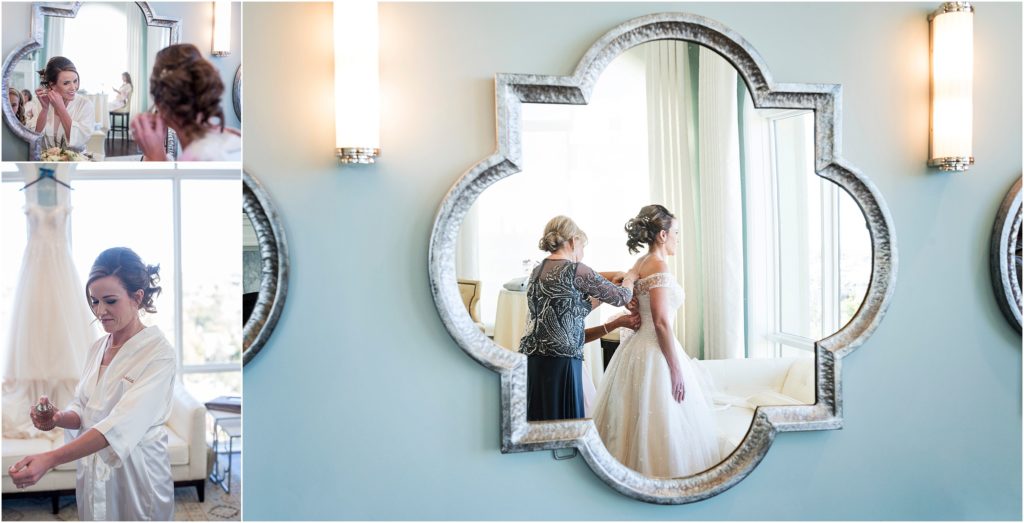 A young bride sprays her perfume, fixes her earrings, and has her wedding dress zipped in a light and airy bridal room at The Pinery at the Hill in colorful Colorado Springs.