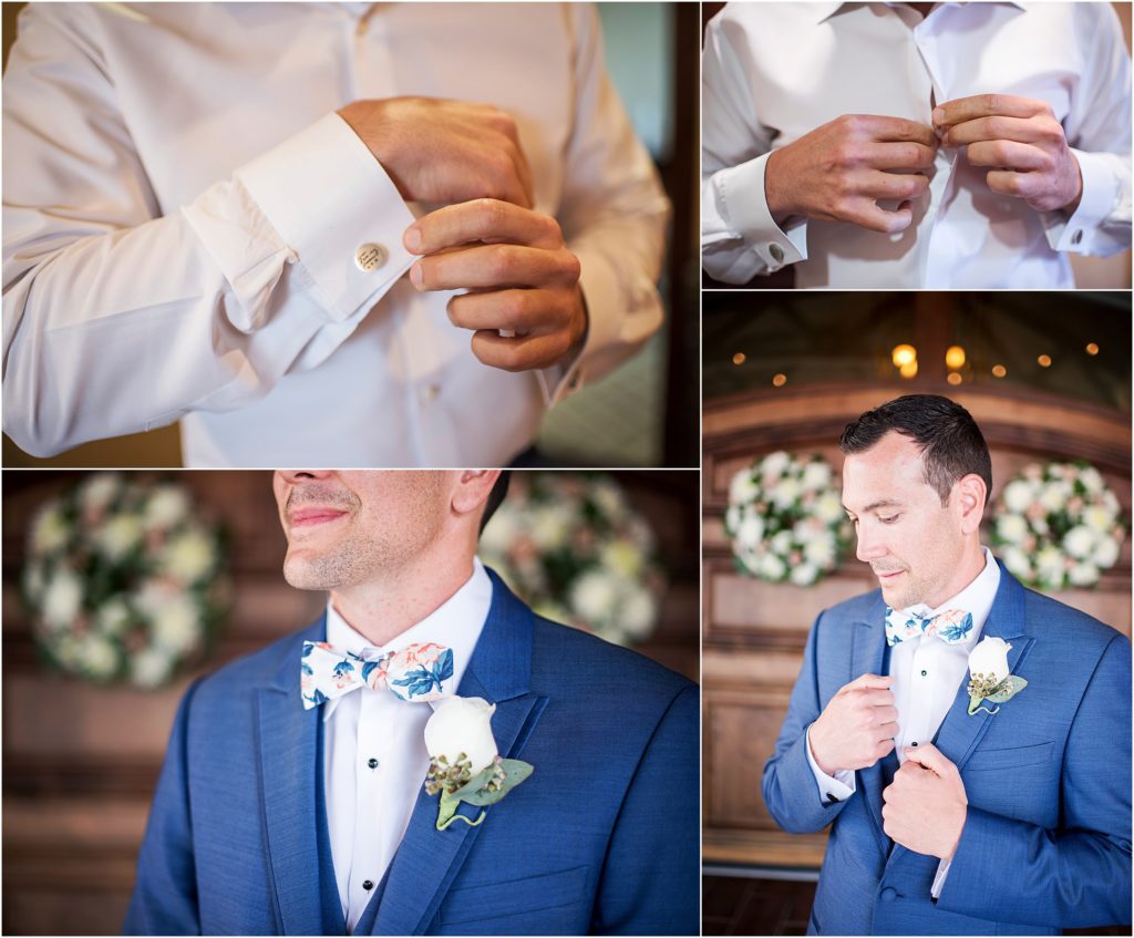 Groom wears custom cufflinks and floral bowtie with his cobalt blue suit on his wedding day