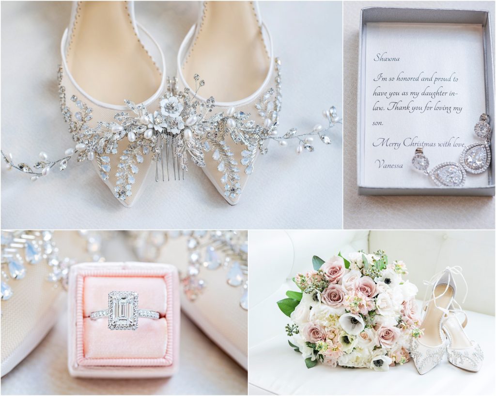 Sparkling bridal jewelry with light pink and white bouquet