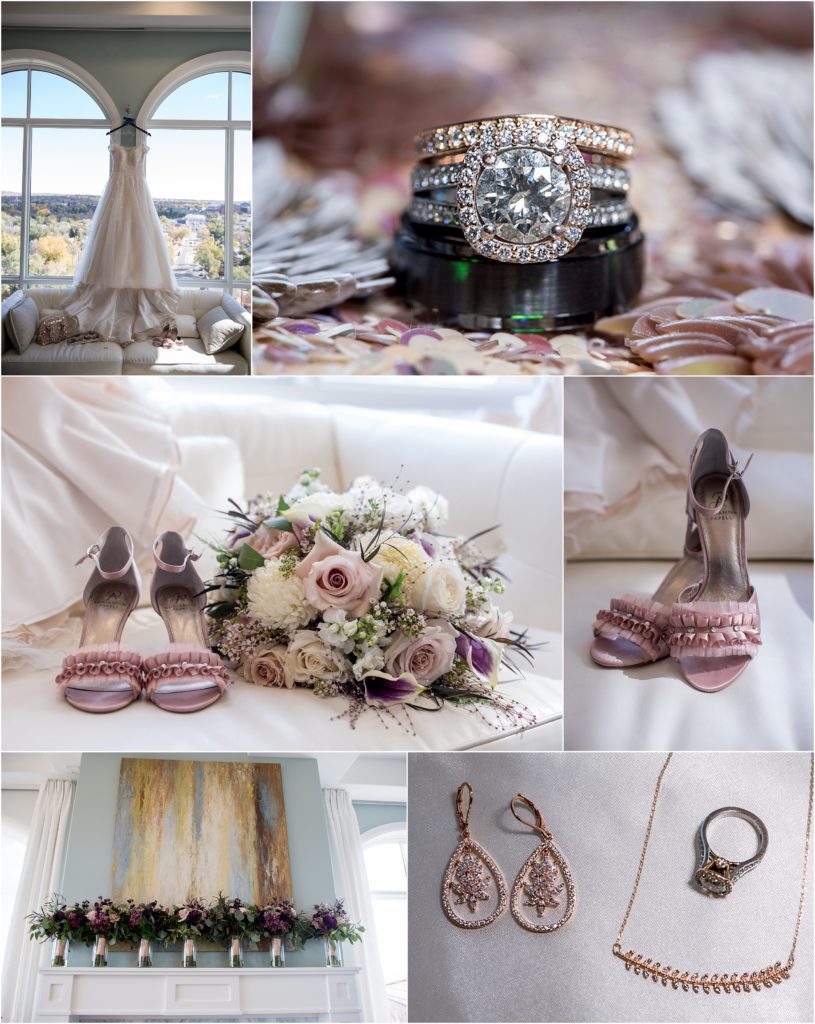 Plum and dusty rose florals with green and ivory, rhinestone studded ruffled dress heels, a large sparkling princess cut diamond ring, and other rose gold jewelry details for an incredible fall wedding in Colorado
