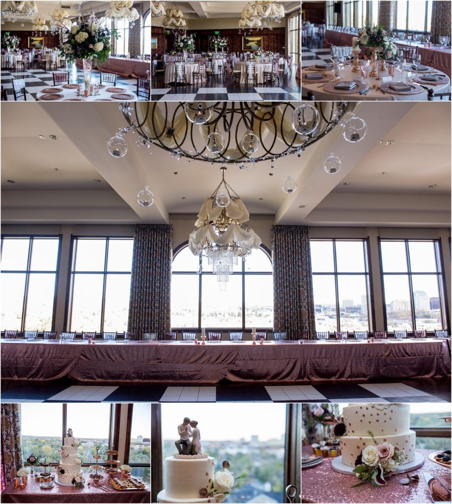 The reception area at The Pinery at the Hill is ready for the happy couple, set up with glittery table clothes, a polka dot cake, ivory and dusty rose floral touches, and ivory drapes on the chandeliers