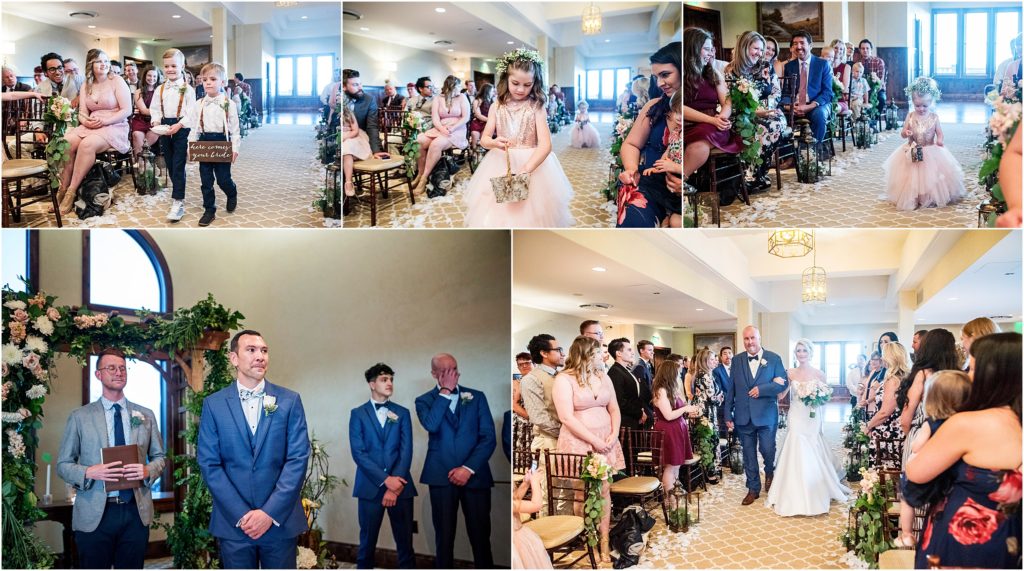 Bride walks up the aisle to groom at her indoor ceremony in Colorado Springs