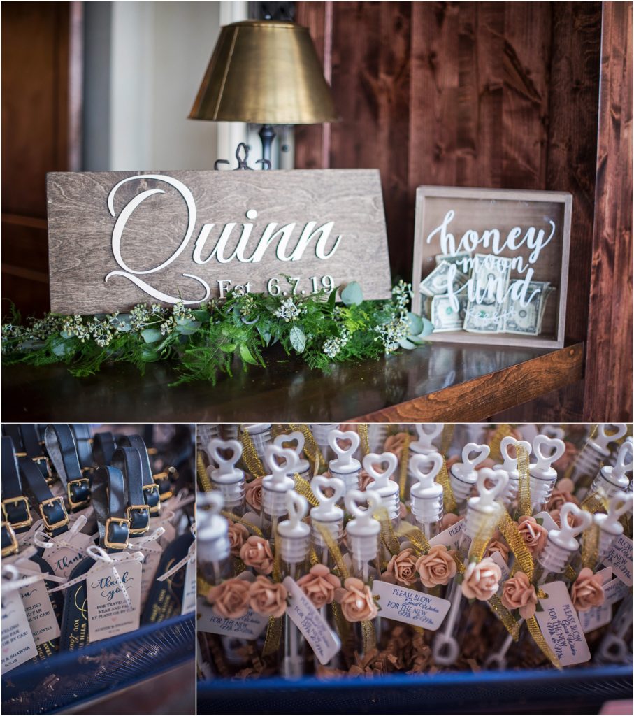 Reception details include wooden sign and luggage tags and bubbles for guests