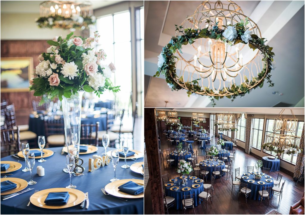 Beautiful florals at indoor wedding reception at The Pinery