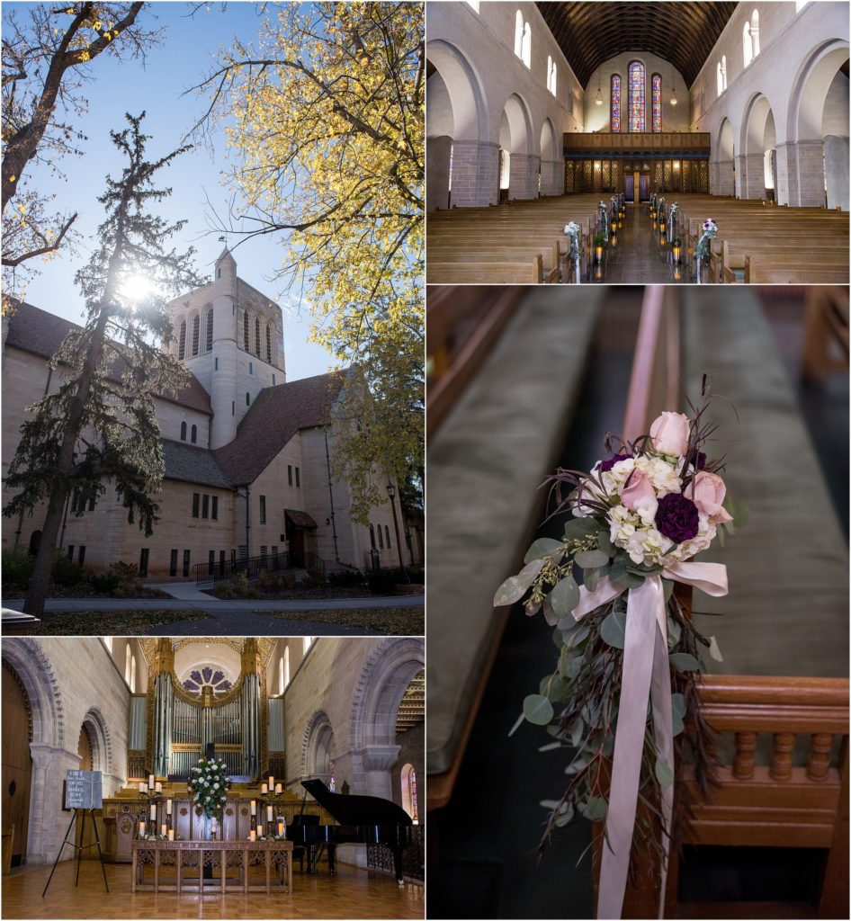 The beautiful wedding venue called Shove Memorial Chapel is decorated for a wedding on a bright and colorful fall day