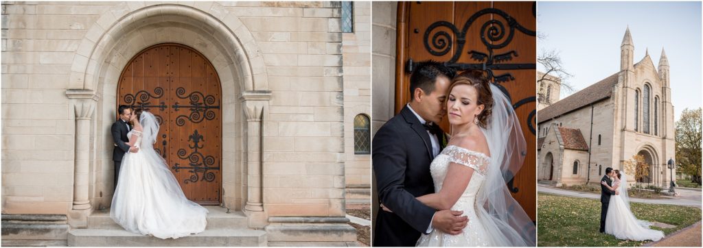 A couple poses intimately in front of Shove Memorial Chapel near an arched doorway and on the lawn in front.