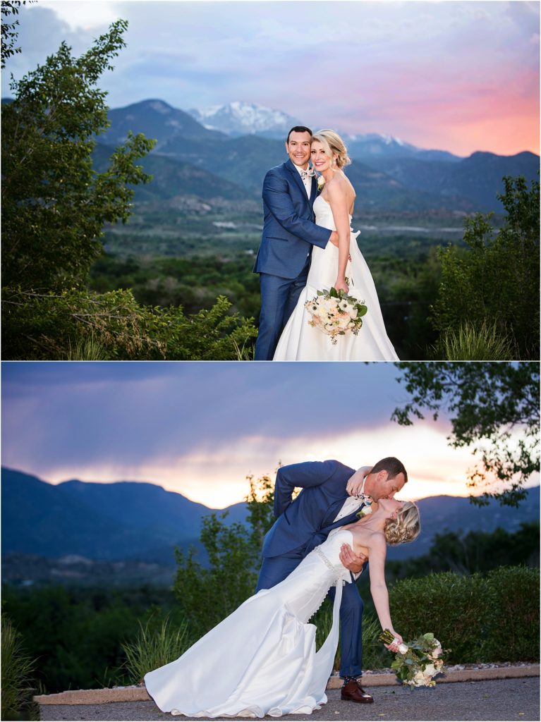 Bride and groom kiss and dance during sunset at their Colorado wedding.