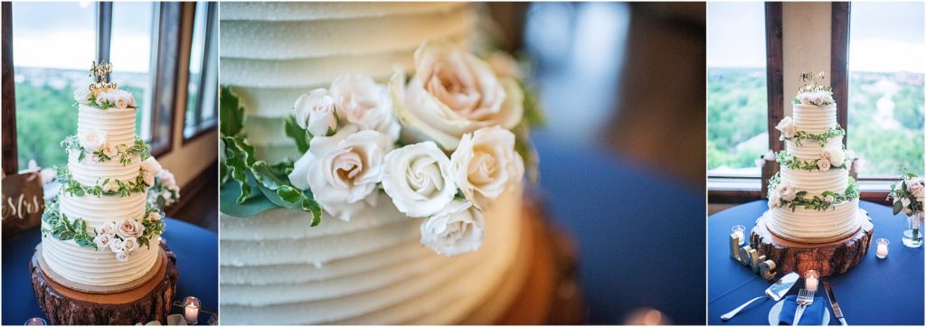 Four tiered wedding cake with roses and ivy decor