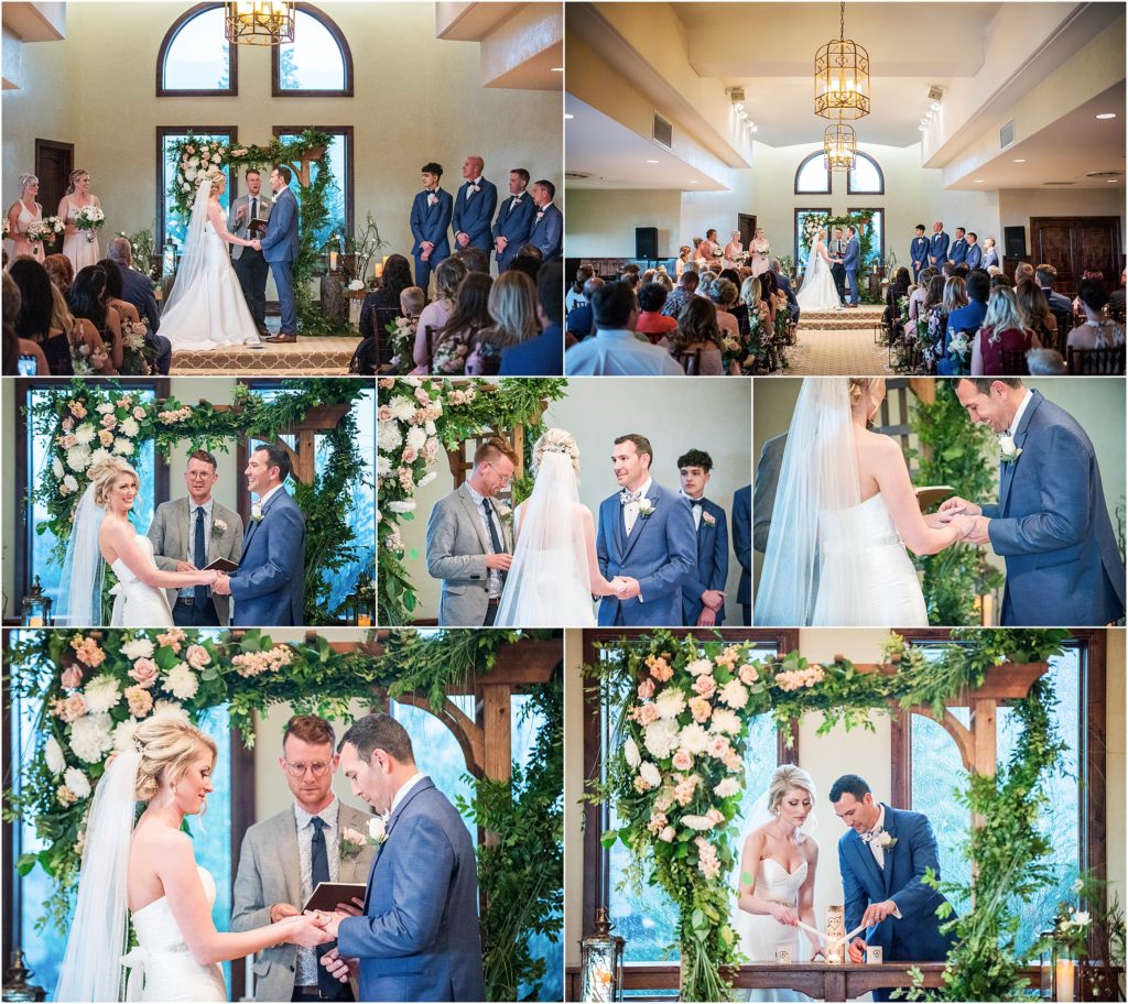 Indoor wedding ceremony at The Pinery with dusty pink florals