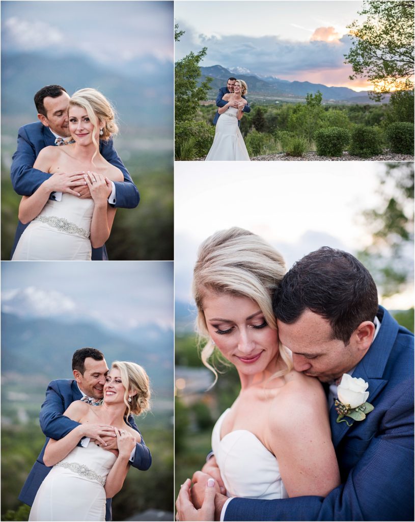 Couple embraces and smiles at sunset at their Colorado wedding with mountain views at the Pinery in Colorado Springs