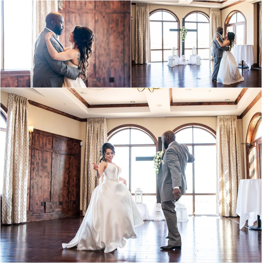 Wedding couple dance together with great light and big windows at The Pinery venue in Colorado Springs