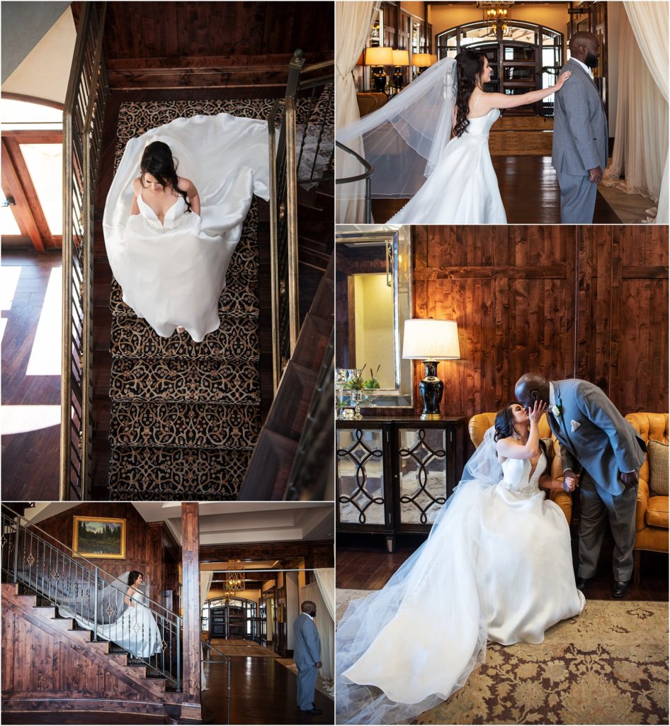 Bride walks down grand staircase to have her first look with the groom