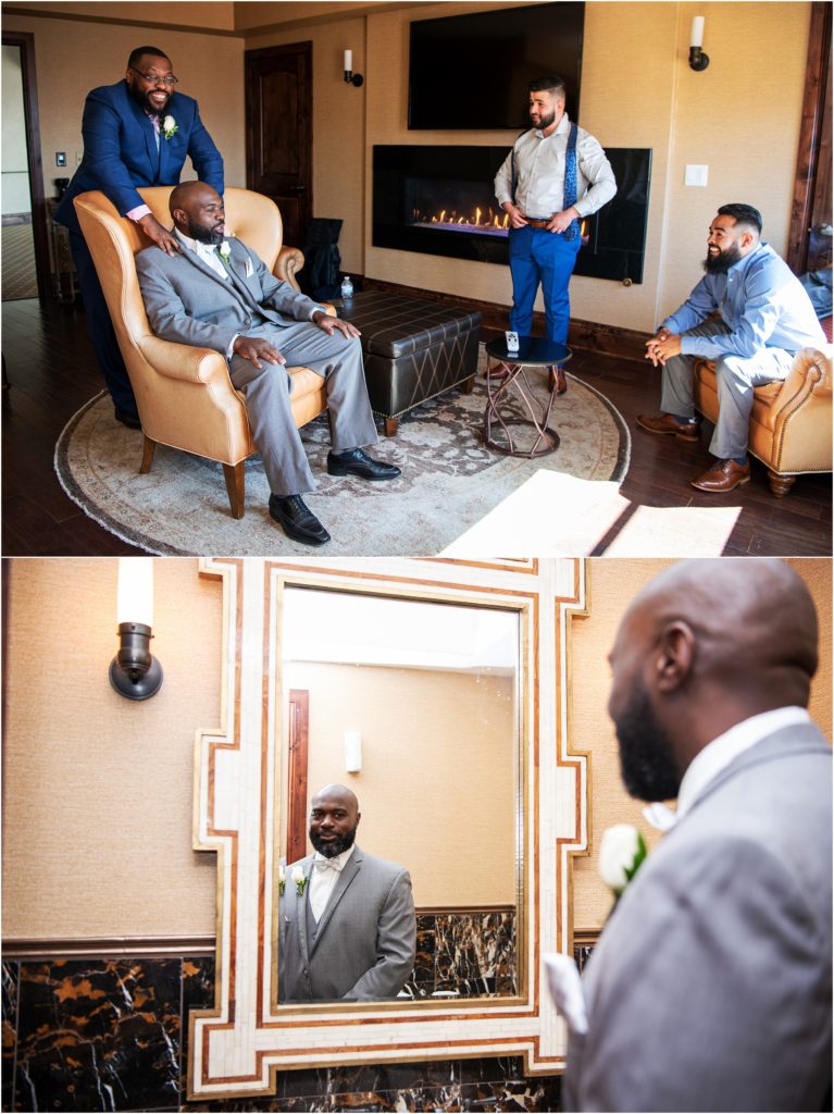 The groom and his friends hang out in the grooms room before his wedding ceremony