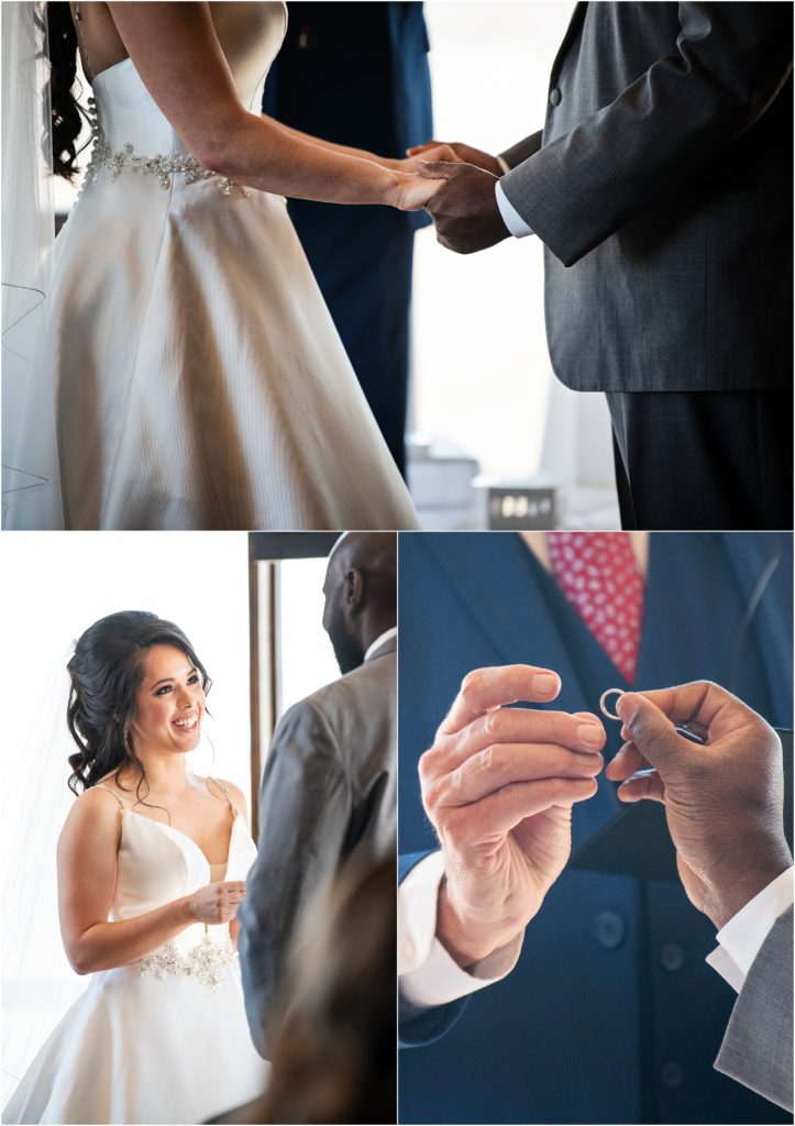 Bride and groom exchange rings after saying their vows to each other