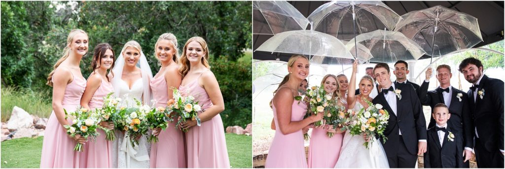 Bride and groom and their bridal party hold up clear umbrellas ring bearer smiles in his tuxedo the bridal party surrounds the happy couple the bridesmaids surround the bride in pink floor length summer dresses