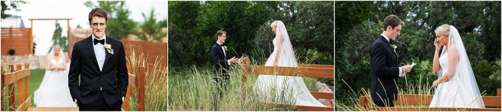 Groom stands with his back to his bride that is approaching for their first look bride walks across a bridge to her waiting groom they read a prepared message to one another which brings the bride to tears tall grasses add to the lush greenery of the space