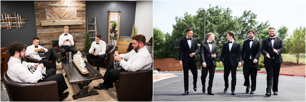 Groom's man cave has an industrial farmhouse look groom hands out groomsmen gifts all men are in tuxedos candid natural pose captures the fun the groom and his groomsmen had