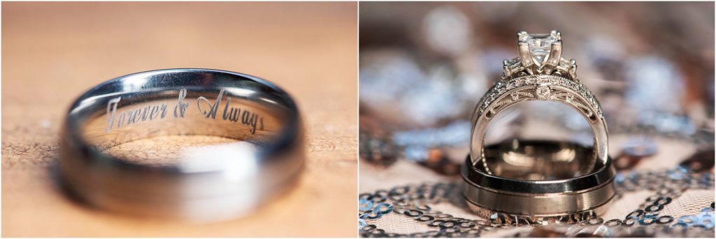 Wedding ring detail is captured in this photo along with the engraving of forever and always on the groom's ring