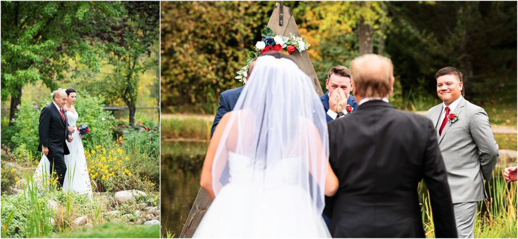 Photo of bride being walked down the aisle, groom experiences emotions as he sees his bride