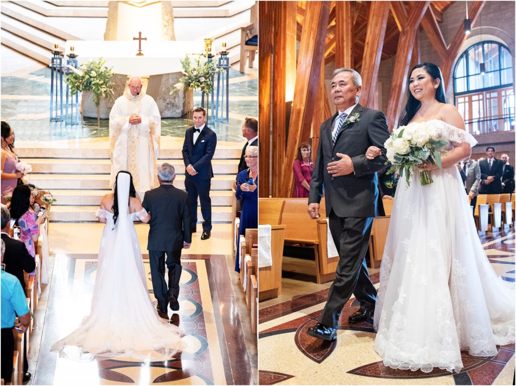 Groom's first look is captured by Tina Joiner, wedding photographer, bride is escorted down the aisle by her father