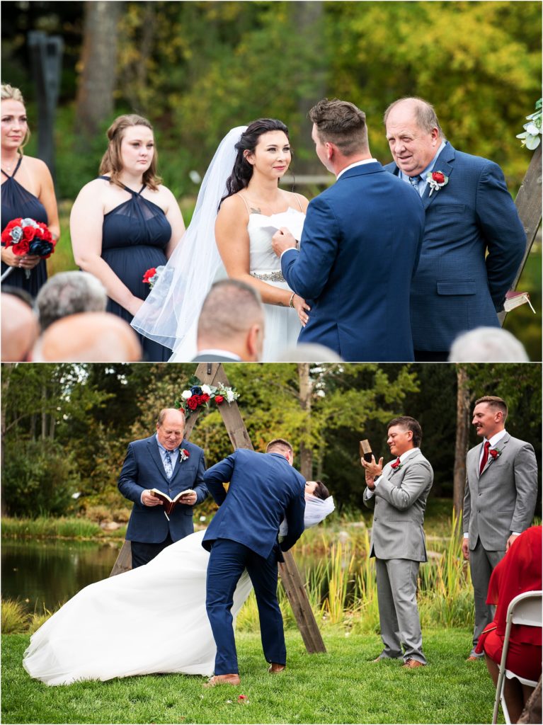 Touching moment captured in this photo during the personalized vows being read and the groom dips his bride in wedding kiss photo